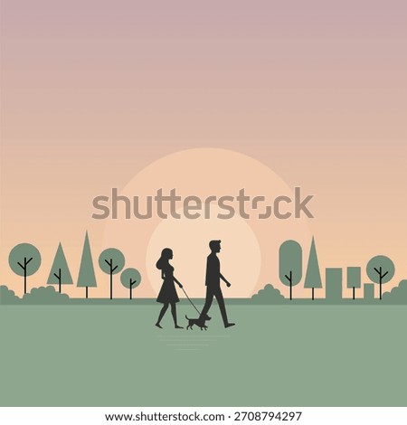 Minimal vector illustration of a couple walking a dog in a park