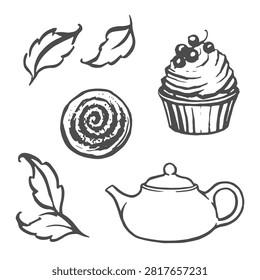 A minimal vector illustration of a cozy teatime set featuring a classic ceramic teapot, a sweet cupcake with frosting, a swirl cinnamon roll bun, and fresh tea leaves. 
