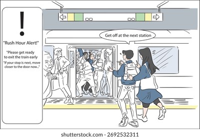 "Ilustração vetorial mínima de uma plataforma de metrô lotada durante o horário de pico, com passageiros se preparando para sair e uma mensagem de alerta visível acima das portas do trem."
