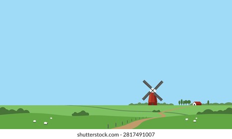 A minimal vector illustration design depicting a peaceful rural landscape with a red windmill, grazing sheep, and green fields under a clear sky.