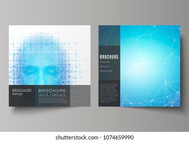 The minimal vector illustration of editable layout of two square format covers design templates for brochure, flyer, magazine. Artificial intelligence concept. Futuristic science vector illustration.