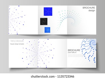 The minimal vector illustration of editable layout. Modern creative covers design templates for trifold square brochure or flyer. Geometric technology background. Abstract monochrome vortex trail.