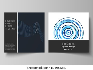 The minimal vector illustration of editable layout of two square format covers design templates with simple geometric background made from dots, circles, rectangles for brochure, flyer, magazine.