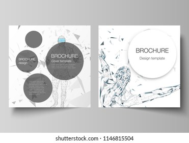 Minimal vector illustration of editable layout of two square format covers design templates for brochure, flyer, magazine. Man with glasses of virtual reality. Abstract vr, future technology concept.