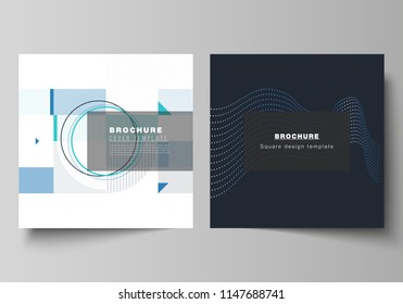 The minimal vector illustration of editable layout of two square format covers design templates with simple geometric background made from dots, circles, rectangles for brochure, flyer, magazine.