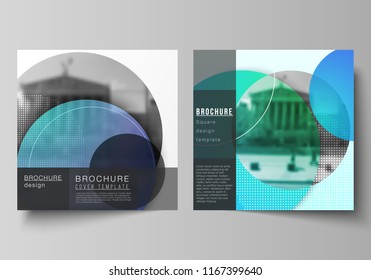 The minimal vector illustration of editable layout of two square format covers design templates for brochure, flyer, magazine. Creative modern bright background with colorful circles and round shapes.