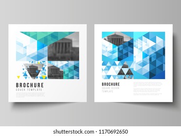 The minimal vector illustration of editable layout of two square format covers design templates for brochure, flyer, magazine. Blue color polygonal background with triangles, colorful mosaic pattern.
