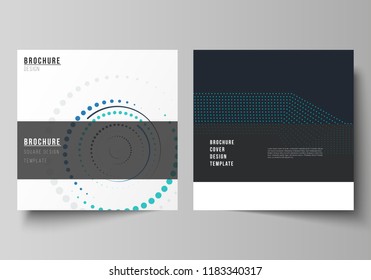 The minimal vector illustration of editable layout of two square format covers design templates with simple geometric background made from dots, circles, rectangles for brochure, flyer, magazine