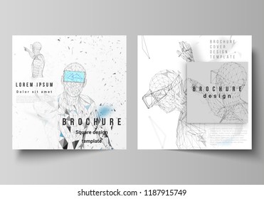 Minimal vector illustration of editable layout of two square format covers design templates for brochure, flyer, magazine. Man with glasses of virtual reality. Abstract vr, future technology concept.