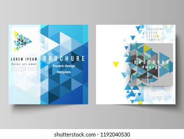 The minimal vector illustration of editable layout of two square format covers design templates for brochure, flyer, magazine. Blue color polygonal background with triangles, colorful mosaic pattern.