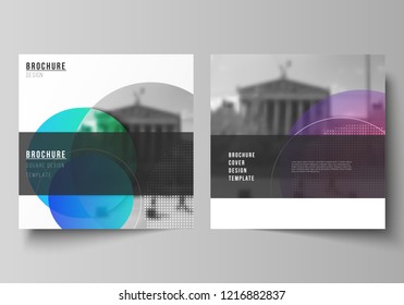 The minimal vector illustration of editable layout of two square format covers design templates for brochure, flyer, magazine. Creative modern bright background with colorful circles and round shapes.