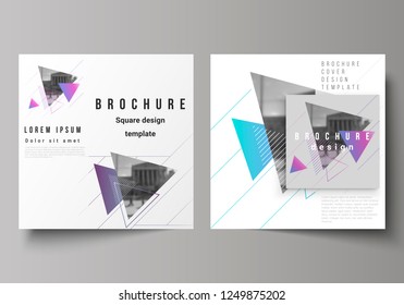 The minimal vector illustration of editable layout of two square format covers design templates for brochure, flyer, magazine. Colorful polygonal background with triangles with modern memphis pattern.