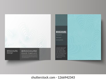 The minimal vector illustration of editable layout of two square format covers design templates for brochure, flyer, magazine. Topographic contour map, abstract monochrome background.