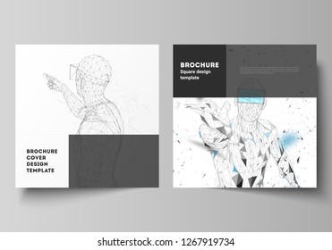 Minimal vector illustration of editable layout of two square format covers design templates for brochure, flyer, magazine. Man with glasses of virtual reality. Abstract vr, future technology concept.