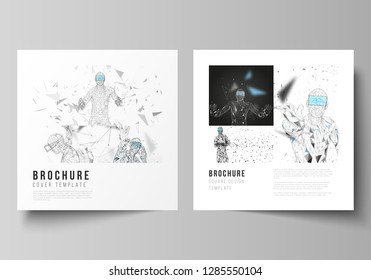 Minimal vector illustration of editable layout of two square format covers design templates for brochure, flyer, magazine. Man with glasses of virtual reality. Abstract vr, future technology concept.