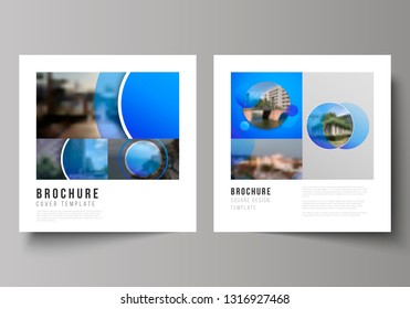 The minimal vector illustration of editable layout of two square format covers design templates for brochure, flyer, magazine. Creative modern blue background with circles and round shapes.