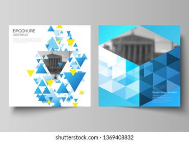 The minimal vector illustration of editable layout of two square format covers design templates for brochure, flyer, magazine. Blue color polygonal background with triangles, colorful mosaic pattern.