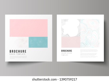 The minimal vector illustration of editable layout of two square format covers design templates for brochure, flyer, magazine. Topographic contour map, abstract monochrome background.