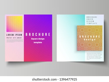The minimal vector illustration of editable layout of two square format covers design templates for brochure, flyer, magazine. Abstract geometric pattern with colorful gradient business background.