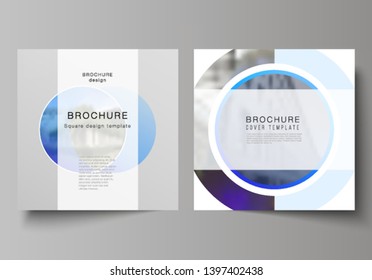 The minimal vector illustration of editable layout of two square format covers design templates for brochure, flyer, magazine. Creative modern blue background with circles and round shapes