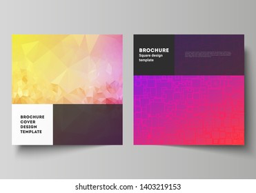 The minimal vector illustration of editable layout of two square format covers design templates for brochure, flyer, magazine. Abstract geometric pattern with colorful gradient business background.