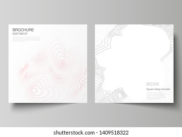The minimal vector illustration of editable layout of two square format covers design templates for brochure, flyer, magazine. Topographic contour map, abstract monochrome background.