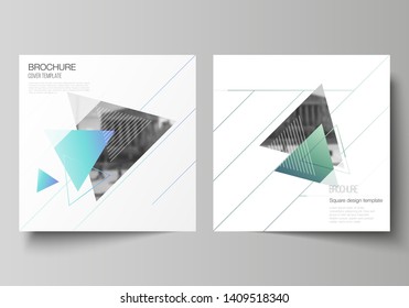 The minimal vector illustration of editable layout of two square format covers design templates for brochure, flyer, magazine. Colorful polygonal background with triangles with modern memphis pattern.