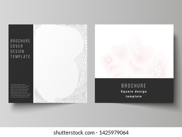The minimal vector illustration of editable layout of two square format covers design templates for brochure, flyer, magazine. Topographic contour map, abstract monochrome background.