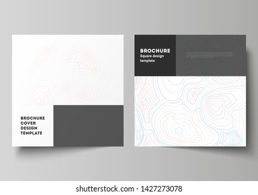 The minimal vector illustration of editable layout of two square format covers design templates for brochure, flyer, magazine. Topographic contour map, abstract monochrome background.