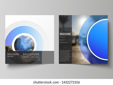 The minimal vector illustration of editable layout of two square format covers design templates for brochure, flyer, magazine. Creative modern blue background with circles and round shapes.