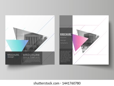The minimal vector illustration of editable layout of two square format covers design templates for brochure, flyer, magazine. Colorful polygonal background with triangles with modern memphis pattern.