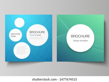 The minimal vector illustration of editable layout of two square format covers design templates for brochure, flyer, magazine. Abstract geometric pattern with colorful gradient business background.