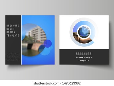The minimal vector illustration of editable layout of two square format covers design templates for brochure, flyer, magazine. Creative modern blue background with circles and round shapes.