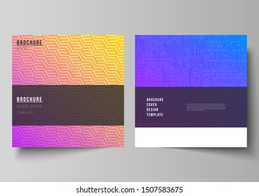 The minimal vector illustration of editable layout of two square format covers design templates for brochure, flyer, magazine. Abstract geometric pattern with colorful gradient business background.