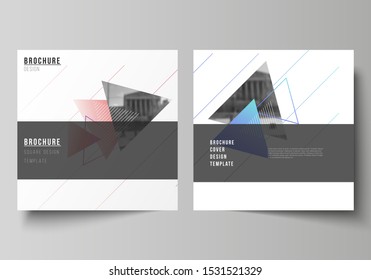 The minimal vector illustration of editable layout of two square format covers design templates for brochure, flyer, magazine. Colorful polygonal background with triangles with modern memphis pattern.