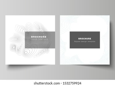 The minimal vector illustration of editable layout of two square format covers design templates for brochure, flyer, magazine. Topographic contour map, abstract monochrome background.