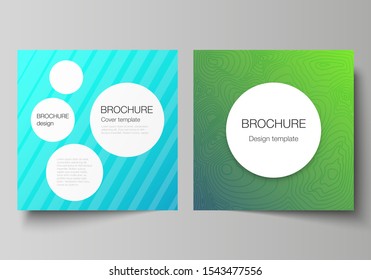 The minimal vector illustration of editable layout of two square format covers design templates for brochure, flyer, magazine. Abstract geometric pattern with colorful gradient business background.