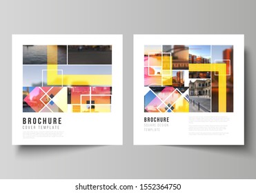 The minimal vector illustration of editable layout of two square format covers design templates for brochure, flyer, magazine. Creative trendy style mockups, blue color trendy design backgrounds.