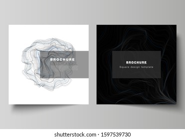 The minimal vector illustration of editable layout of two square format covers design templates for brochure, flyer, magazine. Smooth smoke wave, hi-tech concept black color techno background.