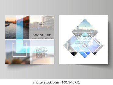 The minimal vector illustration of editable layout of two square format covers design templates for brochure, flyer, magazine. Creative trendy style mockups, blue color trendy design backgrounds.