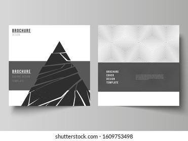 Minimal vector illustration of editable layout of two square format covers design templates for brochure, flyer, magazine. Abstract geometric triangle design background using triangular style patterns