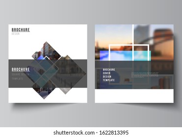 The minimal vector illustration of editable layout of two square format covers design templates for brochure, flyer, magazine. Creative trendy style mockups, blue color trendy design backgrounds.