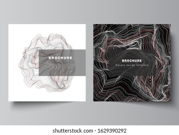 The minimal vector illustration of editable layout of two square format covers design templates for brochure, flyer, magazine. 3D grid surface, wavy vector background with ripple effect.
