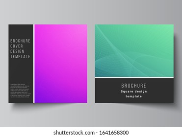 The minimal vector illustration of editable layout of two square format covers design templates for brochure, flyer, magazine. Abstract geometric pattern with colorful gradient business background.