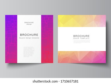 The minimal vector illustration of editable layout of two square format covers design templates for brochure, flyer, magazine. Abstract geometric pattern with colorful gradient business background.