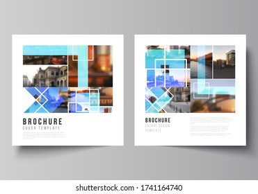 The minimal vector illustration of editable layout of two square format covers design templates for brochure, flyer, magazine. Creative trendy style mockups, blue color trendy design backgrounds.