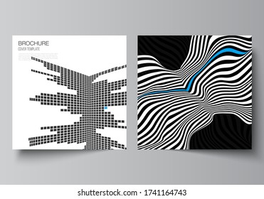 The minimal vector illustration of editable layout of two square format covers design templates for brochure, flyer, magazine. Abstract big data visualization concept backgrounds with lines and cubes.