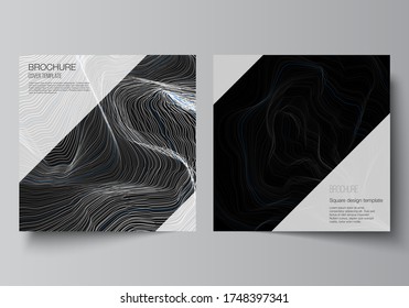 The minimal vector illustration of editable layout of two square format covers design templates for brochure, flyer, magazine. Smooth smoke wave, hi-tech concept black color techno background.
