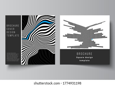 The minimal vector illustration of editable layout of two square format covers design templates for brochure, flyer, magazine Abstract big data visualization concept backgrounds with lines and cubes