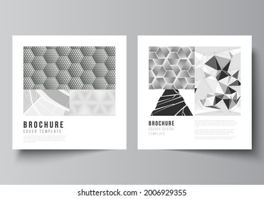 Minimal vector illustration of editable layout of two square format covers design templates for brochure, flyer, magazine. Abstract geometric triangle design background using triangular style patterns